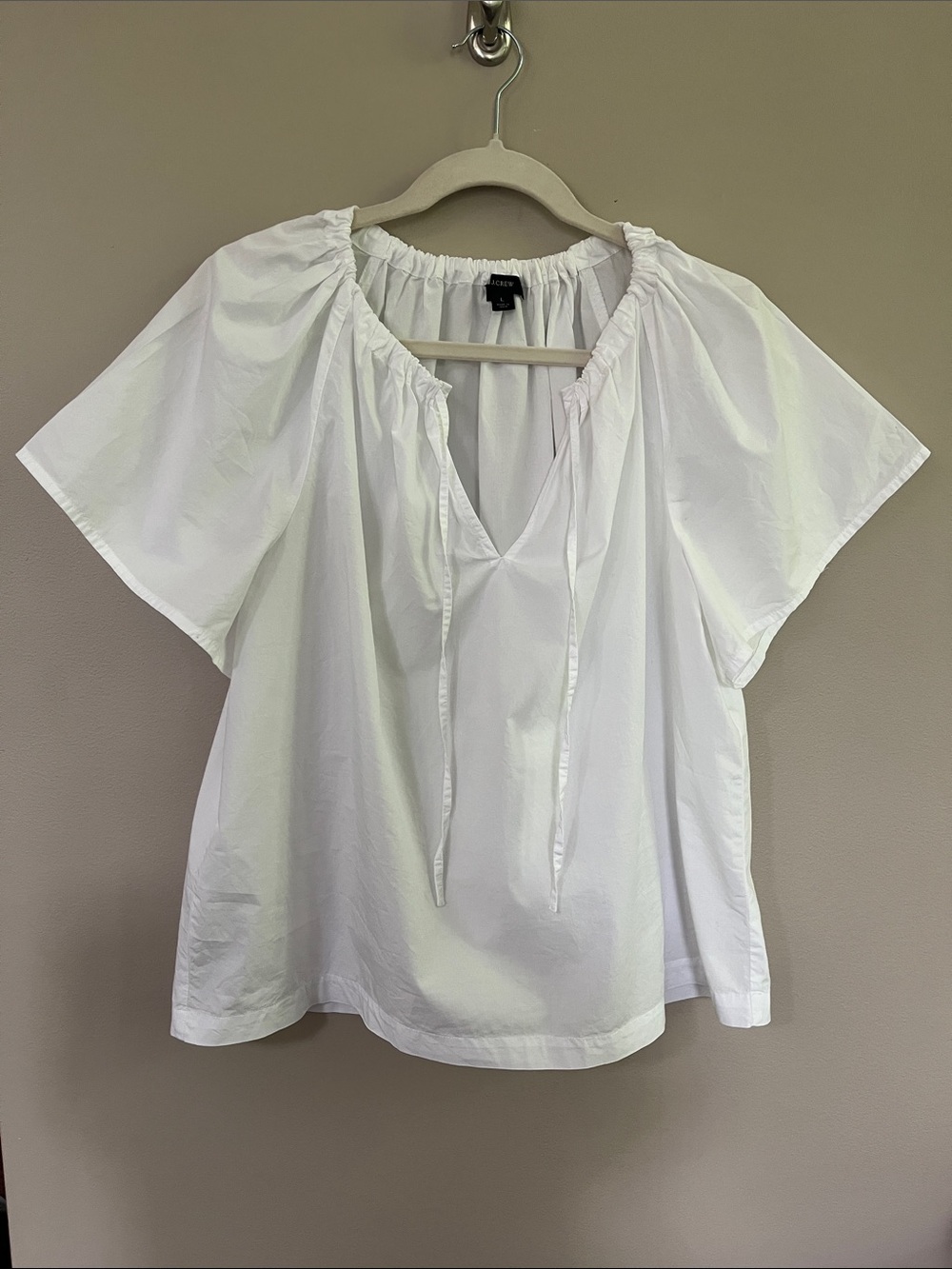J Crew Tie-Neck Gathered Neck Short Sleeve Cotton White Poplin Top size large